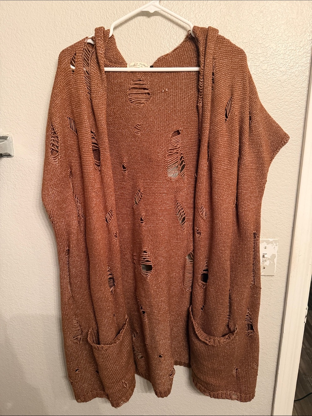 Women’s Open-Front Distressed Hooded Cardigan - Rust